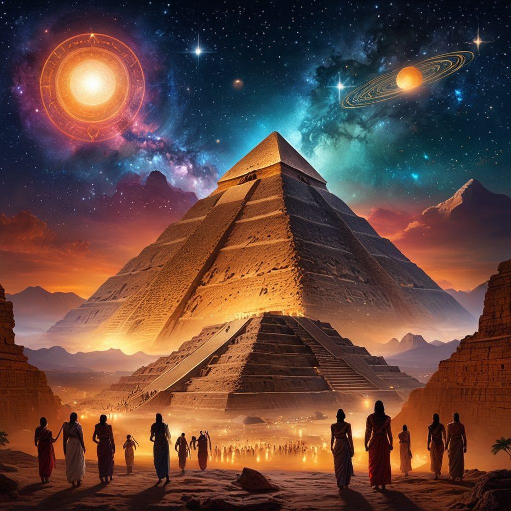 A vivid representation of ancient civilizations, featuring iconic architecture like pyramids and ziggurats under a starry sky. In the foreground, a mythical planet Nibiru shines brightly, casting an ethereal glow on joyful people dressed in traditional attire, engaged in cultural celebrations. Integrate symbols of mythology, such as celestial beings and ancient scripts, to enhance the mystical theme. super-realistic. vibrant colors. cosmic background.