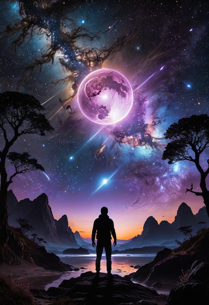 A celestial scene featuring the legendary planet Nibiru glowing brightly in a starry night sky, surrounded by ethereal cosmic elements like shimmering asteroids and vibrant nebulae. Below, a silhouette of a person gazing up in awe, representing joy and wonder. Incorporate astrological symbols subtly woven into the cosmic backdrop to emphasize insights. super-realistic. vibrant colors. cosmic theme.