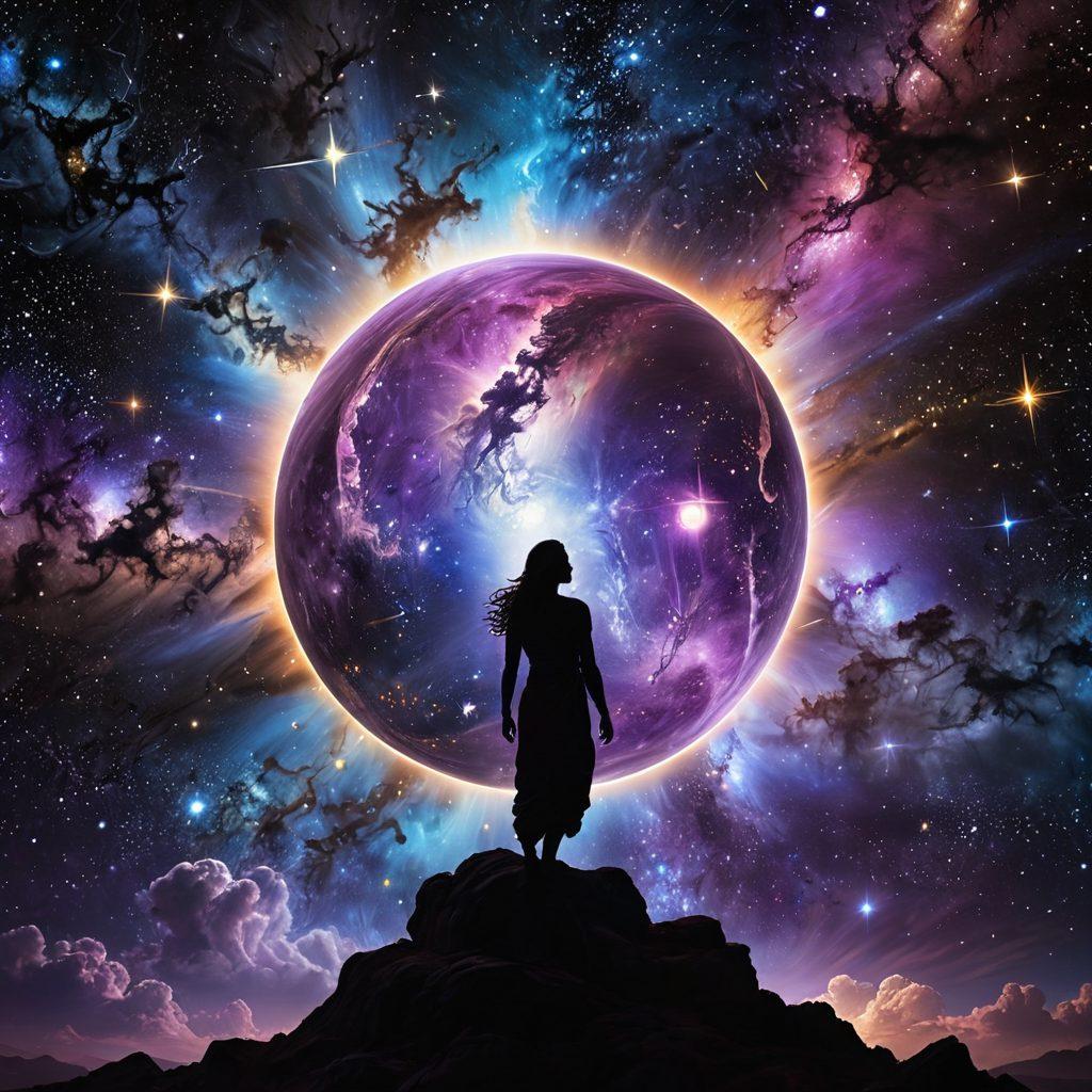 Visualize a mystical planet named Nibiru, glowing with vibrant cosmic colors, surrounded by twinkling stars and celestial symbols representing the zodiac signs. Incorporate silhouettes of diverse individuals experiencing joy, dancing, and meditating under a starlit sky. Use a dreamlike atmosphere to convey happiness and connection to the universe. super-realistic. vibrant colors. cosmic theme.